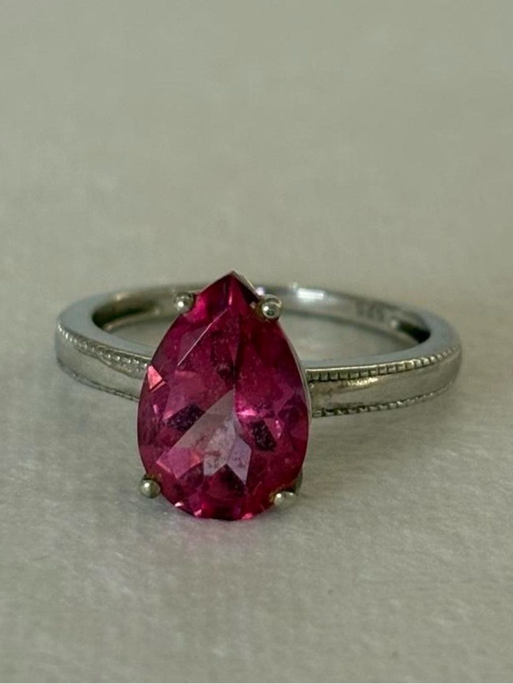 AVF 925 Sterling Silver Pear Shape Hot Pink Gem Ring Size 6.75-7
